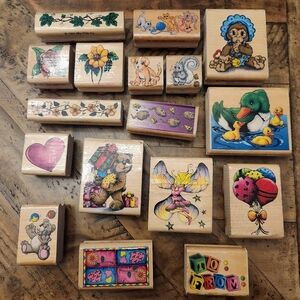 Vintage 1997 & 1999 Sky Kids Inc. Mixed Figures Wood Mounted Rubber Stamps 17Pc
